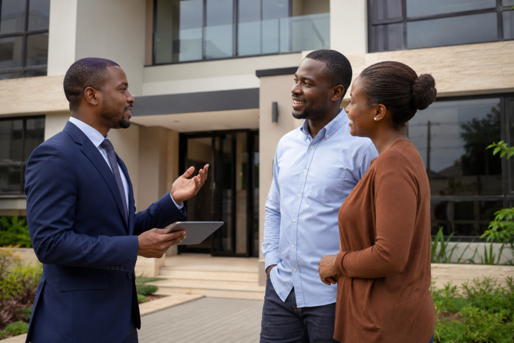 Couple meeting with a property manager in Kenya