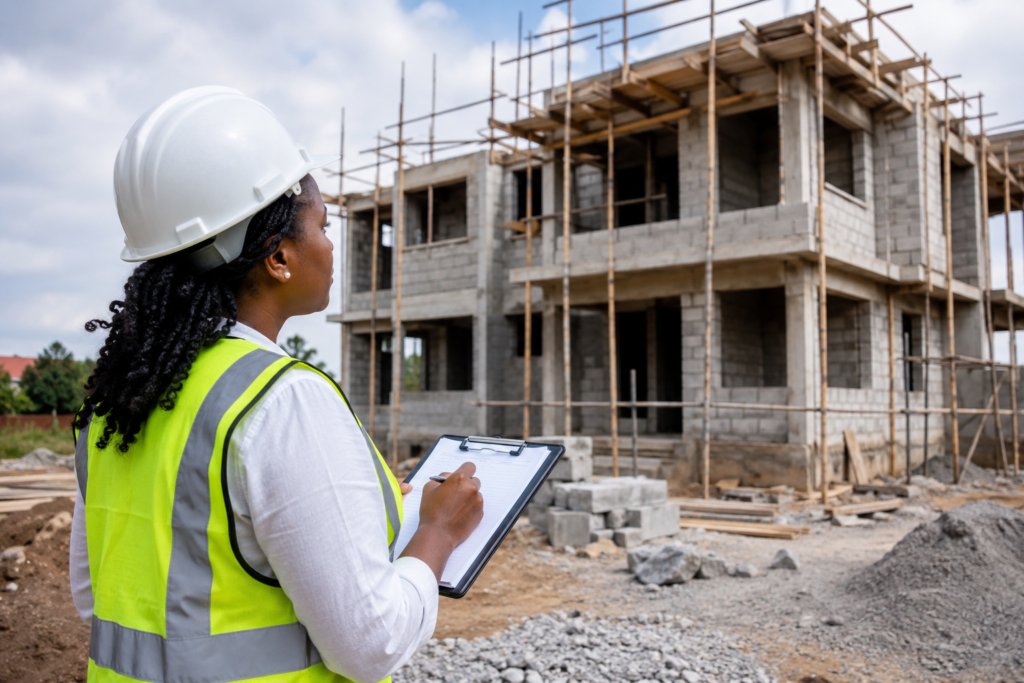 Lady inspecting construction site